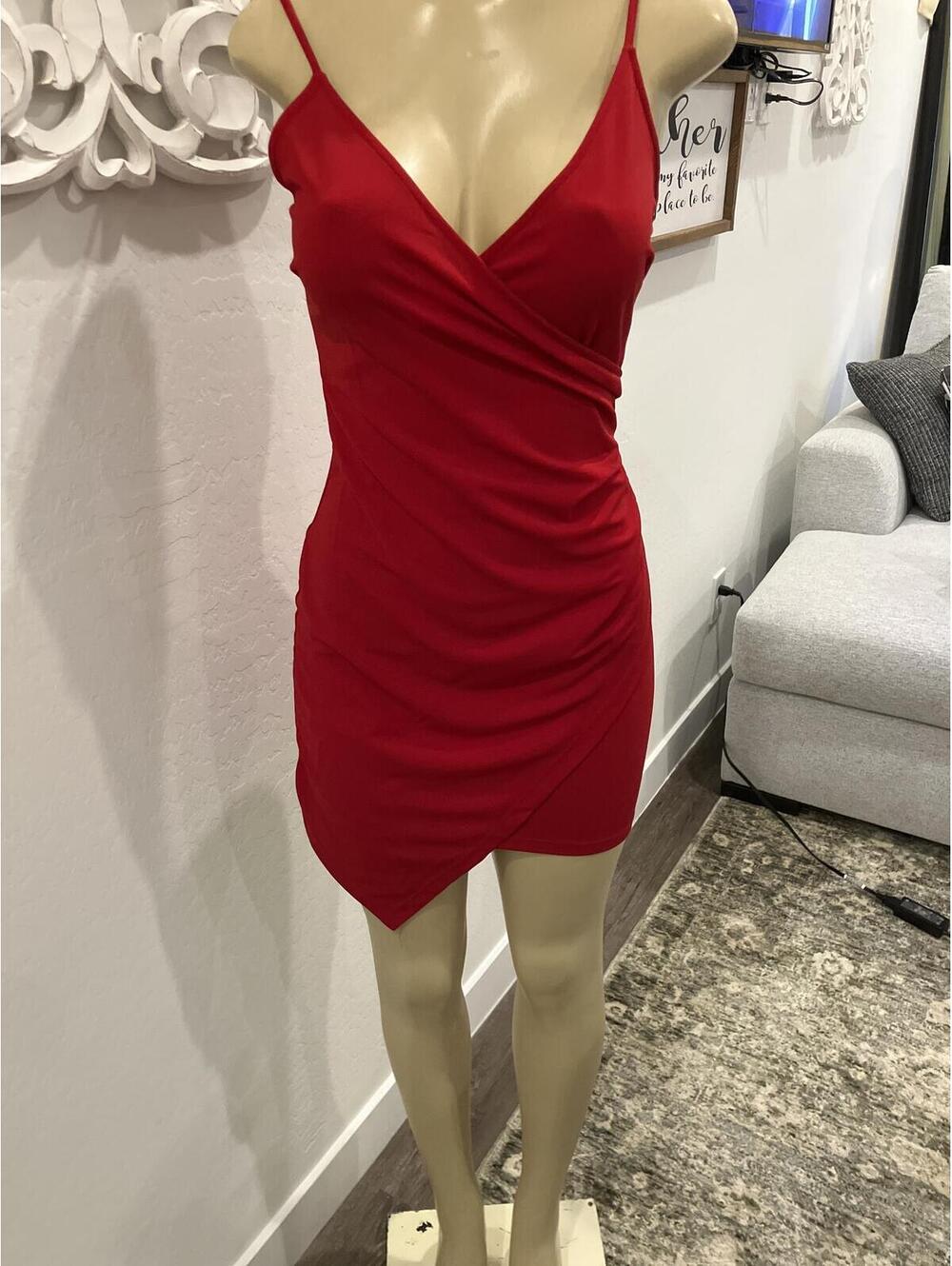 NIB Red Ruched Spaghetti Strap Bodycon Mini Dress Size S
